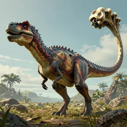 realistic jurassic park scene of ankylo with spikes on its head and side, a back covered with armored plates, and a tail that ended in a massive club of bone, ultra realistic, beautiful terrain, full body shot