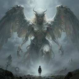an immense beautiful terrifying pale winged humanoid giant looms over a tiny human. highly detailed ethereal horror fantasy art by greg rutkowski and magali villanueve