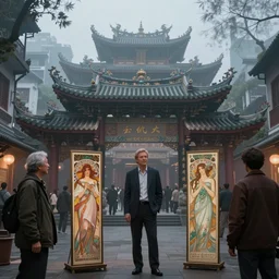 chinatown with kek lok si temple in the background, misty evening, fantasy art, highly detailed matte painting, low angle view, telephoto lens 2 0 0 mm, by stanley artgerm lau, greg rutkowski, thomas kinkade, alphonse mucha, loish, norman rockwell, artstation