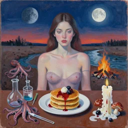 sensual, a portrait in a female art student's apartment, pancakes, camp fire, river, dusk, moonlight, another planet, moonscape, barren, berries, octopus, surgical supplies, mushrooms, scientific glassware, fungus, candle dripping white wax, berry juice drips, neo - expressionism, surrealism, acrylic and spray paint and oilstick on canvas