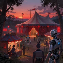 close - up of cyborgs exploring small town amusement, open landscape, neo vendors, cyberpunk nightmare big top circus tent, highly detailed, sunset, dark trees, red neon lights, digital painting, concept art, matte, art by ruan jia and wlop and greg rutkowski and makoto shinkai, masterpiece