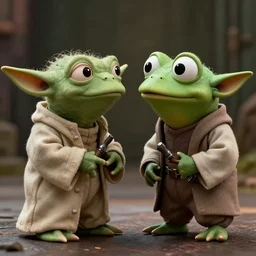 pepe the frog meeting yoda in a still photo from star wars, photorealistic, extremely detailed, hyper realistic, sharp focus, cinematic, octane render, 8 k, masterpiece