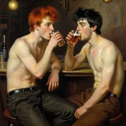 handsome mike, wearing pants, with ginger hair with handsome tyler with black hair, drinking their hearts out, in a pub, no shirt. very defined and highly detailed painting by gaston bussiere, j. c. leyendecker, craig mullins 8 k