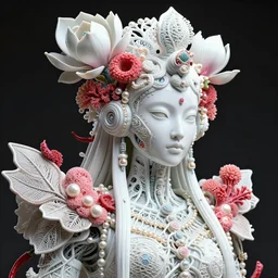 intricate hyper detailed ultra sharp focus 3 d render of a beautiful porcelain psychedelic shaman medium shot portrait, close - up, bright 3 point light, alexandre ferra georg loschner white mecha, cyberpunk mechanical haute couture huge fractal mycelum and fungi lace, rasberry chili red sponge corals, huge magnolia goliath head ornaments, big embroidered leaves filigree sinuous roots, octane render, pearls, volumetric cinematic lighting, 8 k, vray tracing, no dof, no blur