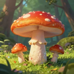illustration, trending artstation, vibrant colors, octane render, highly detailed, cinematic lighting, photorealism, digital painting, in the style of craola, shallow depth of field, concept art, epic, a large mushroom in the grass in the forest