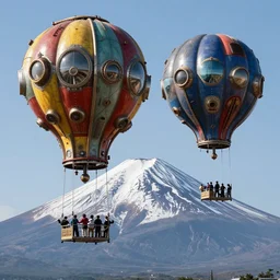 large colorful futuristic space age metallic steampunk steam - powered balloons with pipework and electrical wiring around the outside, and people on rope swings underneath, flying high over the beautiful mount fuji in japan landscape, professional photography, 8 0 mm telephoto lens, realistic, detailed, photorealistic, photojournalism