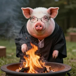 “ a pig dressed as a judge with a robe and glasses, roasting over a fire pit realistic shaded, fine details. realistic shaded lighting ”