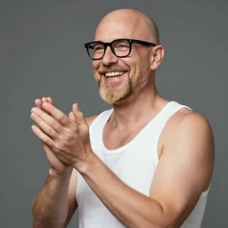 “a bald happy man in his forties with blonde goatee and black glasses. He wears a white tank top and he’s clapping his hands with his face”