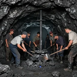 an image of a group of men mining in a coal mine, in a medium full shot, russian and japanese mix, high - key lighting, warm lighting, overcast flat midday sunlight, a vintage historical fantasy 1 9 8 2 photo from life magazine.