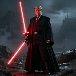 trump as Sheev Palpatine in star wars in a robe and a red light saber