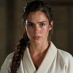 a film still of lara croft wearing kimono, her face sweat, direct sun light, close up potrait, dramatic, cinematic,