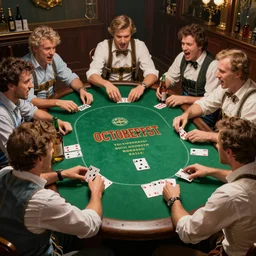 large computer table octoberfest invite card, men playing poker, green felt, angry, screaming, many beer bottles, drunk, photoshoot, 4 k, hyper realistic, natural, highly detailed, digital illustration, trending in artstation, classical painting, smooth, sharp focus art by ilya repin