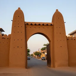 High-quality photography of a West African city gate made of mud bricks at dawn, Canon TS-E 17 mm, National Geographic