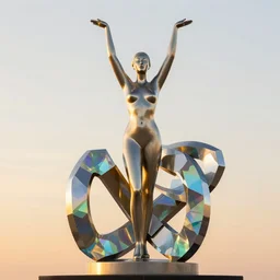 geometric knot metal sculpture with rainbow crystal glass elements reflecting the light, statuesque female dancer figure within the sculpture with her arms towards the sky, golden hour, facing the camera, portrait, jeff koons, rodin, peter elson, alan bean, wangechi mutu, clean cel shaded vector art, trending on artstation