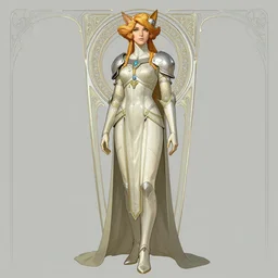 full - body artwork, cattie - brie of mithril hall, by artgerm, andreas rocha, greg rutkowski. art nouveau neo - gothic sculpture by mucha. swirly intricate gilded linework background. gaudy colors, sharp edges. ultra clear detailed. 8 k. elegant. octane render