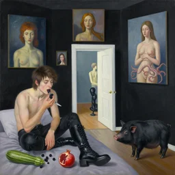 painting of queer artist's bedroom with black walls and paintings, three, zero, emo artist eating blackberries, knife, a liminal doorway, zen, high black boots, pomegranate, a black pig, courgette, octopus, sensual surrealism, by monet and magritte