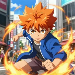 orange - haired anime boy, 1 7 - year - old anime boy with wild spiky hair, wearing blue jacket, battle aura, aura, shibuya, blue sunshine, strong lighting, strong shadows, vivid hues, raytracing, sharp details, subsurface scattering, intricate details, hd anime, high - budget anime movie, 2 0 2 1 anime