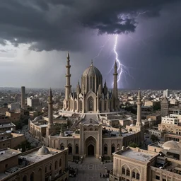 enormous high fantasy city, marvelous persian architecture, brutalist occult church in the middle, thuderstorm