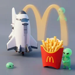 2 spaceships at MacDonald's eating fries, served by aliens