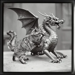 silver gelatin photograph of a cat attacking a dragon, london 1 9 1 2