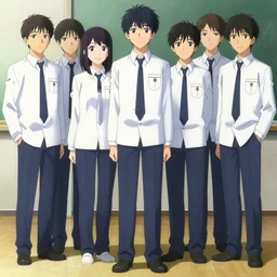anime full body portrait of students in uniform by artgerm, wlop, loish, ilya kuvshinov, and makoto shinkai, perfect face, elegant, vivid colors, hyperdetailed artistic lines, intricate, in the style of persona 4, artstation, unreal engine 5, behance, 8 k