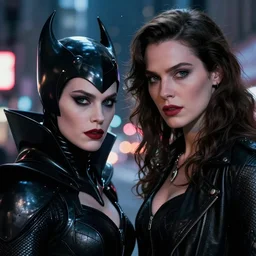 movie beautiful supervillain models couple closeup, DC Marvel fashion, VFX magic powers at night in the city, city street, beautiful skin, natural lighting by Emmanuel Lubezki