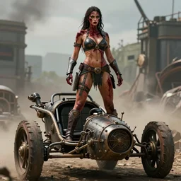 vertical movie frame with female warrior standing on steam punk buggy with wood wheels, hunting, armor inspired by bikini and doom and fashion, strong blooded body, brutal blooded sluty symmetrical face, epic, award winning, establishing shot, extremely high detail, photorealistic, brutal, provocative, octane render, editorial, documentary photography