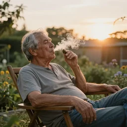 My dad is smoking weed and have good time being gracefully relaxed in the garden, sunset lighting