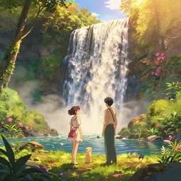 an epic makoto shinkai and renoir landscape with a hawaiian waterfall, golden hour, 🌺, ultra smooth, lois van baarle, ilya kuvshinov, unreal engine, blender, trending on artstation, suntur, caleb worcester, highly detailed, photorealism, bloom effect 8 k