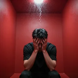 music makes a young man suffer in a red room with water on the ceiling HD 8K