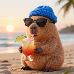 a photorealistic photograph of a knitted cute Capybara dressed in sunglasses and wearing a blue beanie cap. The subject is sipping a refreshing Mai Tai drink cocktail on the beach during sunset. This image is Trending on Artstation, featured on Behance, well-rendered, extra crisp, features intricate detail, Unreal Engine, 4K HD
