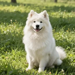 a samoyed dog sitting in the middle of sunny meadow, colored, by Masashi Kishimoto