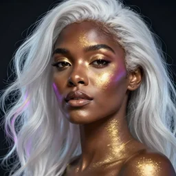 hyperrealistic close-up of beautiful black woman with white hair and iridescent gold skin hannah yata dramatic neon lighting