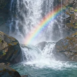 digital illustration of waterfall cascading onto rocks, small rainbow emerging in background, ethereal, beautiful scenery, intricately meticulously detailed, amazing, glitter, 8 k render octane high definition