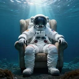 astronaut sitting in armchair immersed in water, sun rays from above, underwater, wide shot, digital painting, intricate details, trending on artstation, concept art, octane render, realistic, highly detailed, smooth, sharp focus, beautiful, 4 k, 8 k, hd, art by charlie bowater and artgerm and greg rutkowski