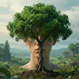 masterpiece closeup portrait of Tree Plant-Person in a surreal dream landscape, cinematic lighting, Michael Whelan