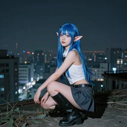 stunning, breathtaking photo of an attractive young asian elf woman with pointy ears and blue hair, wearing a miniskirt and knee-high boots, crouching in an endlessly sprawling hazy abandoned city at night, 8K
