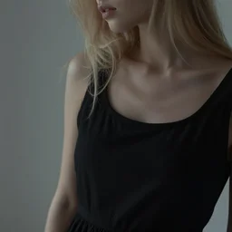 ultra detail, beautiful young woman, blonde hair, black dress, moody, muted colors,