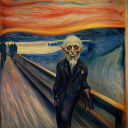 creepy demonic old man staring standing in the middle of the street and smiling as he transforms into something even more terrifying by Edward Munch, high detail