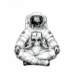 'meditating astronaut by Aaron Horkey, photorealism, line-drawing, black ink on white paper'