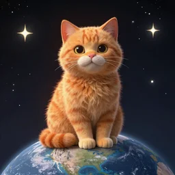 A fuzzy orange cat sitting on planet earth, space with stars in the background, trending on artstation, 3D animation, by Salvador Dali