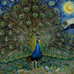 the vision of the universal peacock by kay nielsen, john bauer, brom, and vincent van gogh, symbolist, visionary