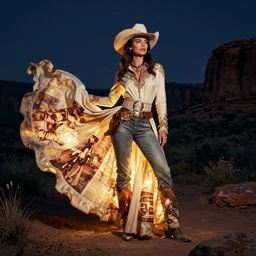 photo, a woman in a giant flowing dress made out of a giant massive illuminated photograph of a vintage western cowboy movie, standing inside a dark western rocky scenic landscape, volumetric lighting