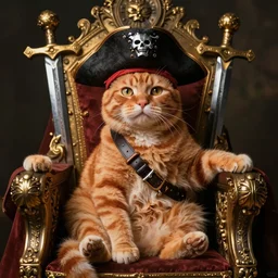orange pirate cat sitting on throne of swords