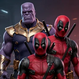 an insanely detailed portrait of thanos vs. deadpool, highly detailed, in the style of peter mohrbacher, artgerm, dramatic lighting and composition, octane render, trending on artstation, concept art 8 k
