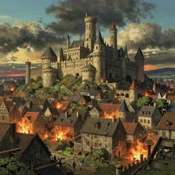 fall of the ancien regime, medieval cityscape with darker skies and fires, ghibli, photorealistic, digital studio art