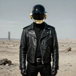 album art beautiful portrait of daft punk wearing leather jackets, standing in a desolate wasteland, painted by zdzislaw beksinski