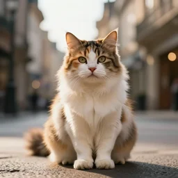fluffy calico cat in town, cinematic look, god lighting, 4 k majestic looking