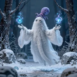 an ethereal lovely fluffy ghost like live action muppet wraith like figure with a squid like parasite latched onto its head and four long tentacles for arms that flow gracefully at its sides like a cloak while it floats around a frozen rocky tundra in the snow searching for lost souls and that hides amongst the shadows in the trees, this character has hydrokinesis and electrokinesis is a real muppet by sesame street, photo realistic, real, realistic, felt, stopmotion, photography, sesame street