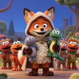 a chibi fox muppet druid character wearing a hooded cloak holding a small muppet manatee in one arm and a muppet dinosaur cat in the other arm with a small herd of random muppet animals following behind, sesame street, photograph, photography, ultrarealistic, national geographic